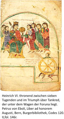 Heinrich VI. thronend zwischen sieben Tugenden und im Triumph ber Tankred, der unter dem Wagen der Foruna liegt.  Petrus von Eboli, Liber ad honorem Augusti, Bern, Burgerbibilothek, Codes 120. II,fol. 146r.